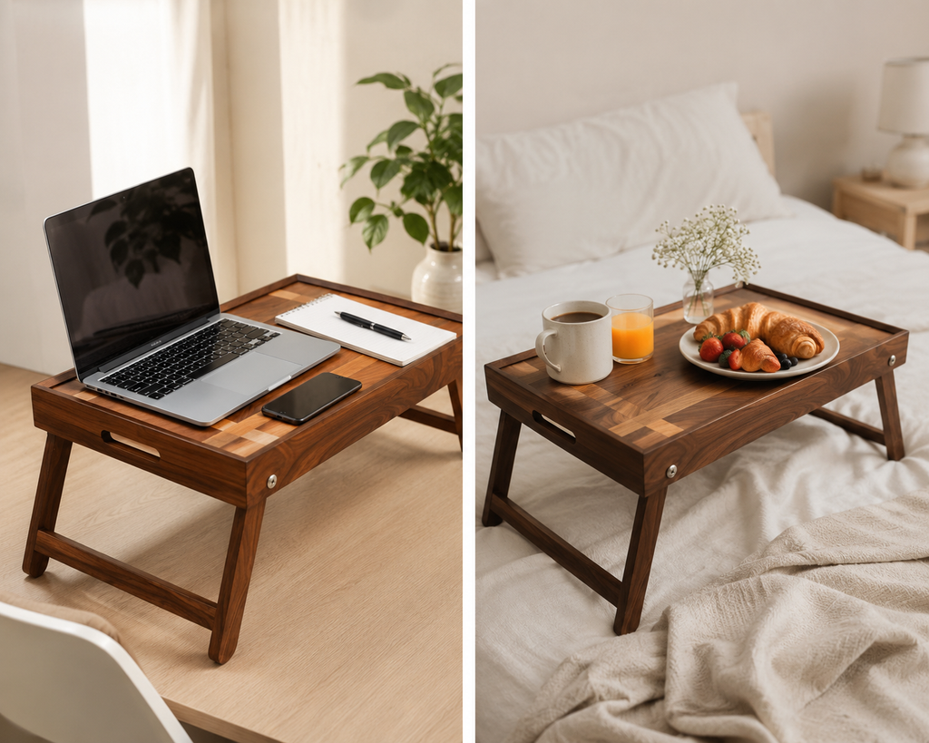 The Butler foldable wooden tray table for breakfast and laptop use by Utilihaus