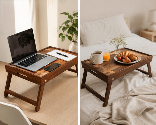 The Butler foldable wooden tray table for breakfast and laptop use by Utilihaus